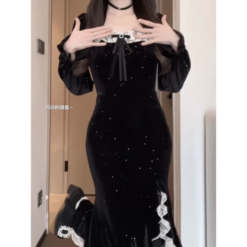 ロングワンピース ドレープフリル マーメイドドレス
