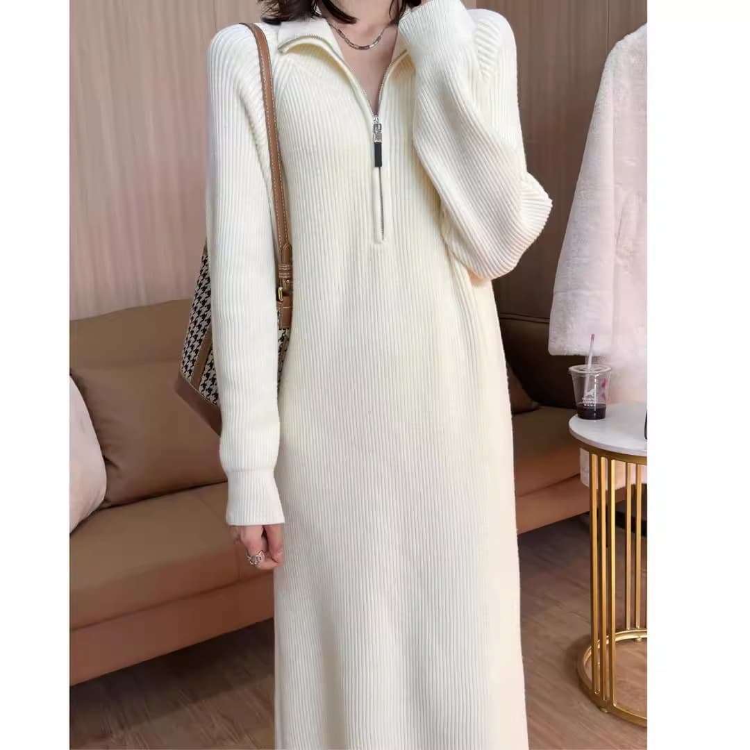 ロングワンピース ビスチェ風リブ編みハイネックワンピース