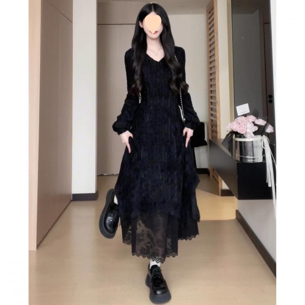 ロングワンピース レース付きプリンセスマキシワンピース