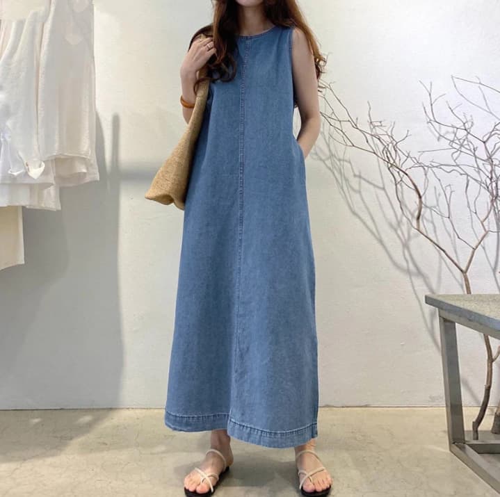 ロングワンピース なめらかデニムノースリーブワンピース