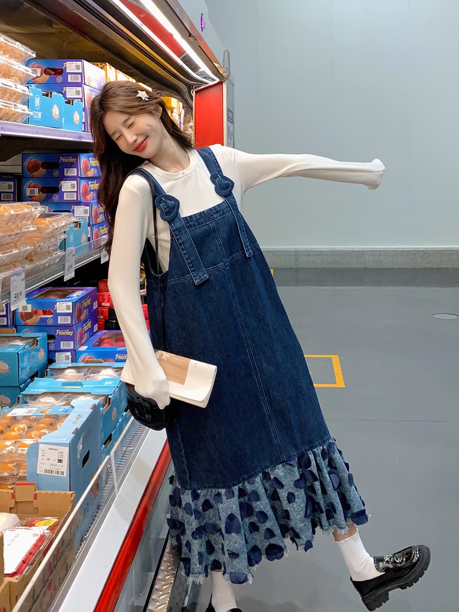 ロングワンピース ハートフリルデニムサロペットワンピース