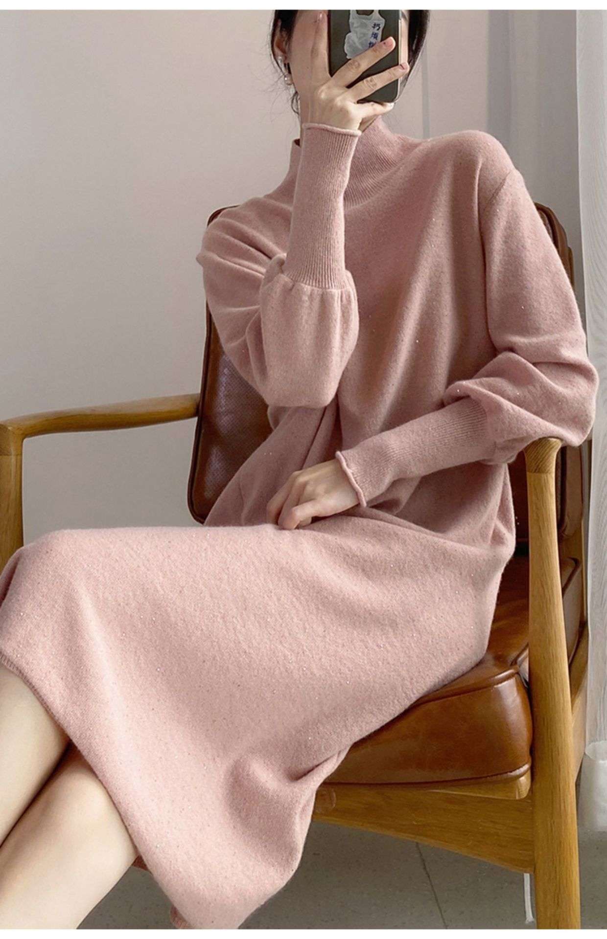 ロングワンピース シンプル モックネック ニットワンピース