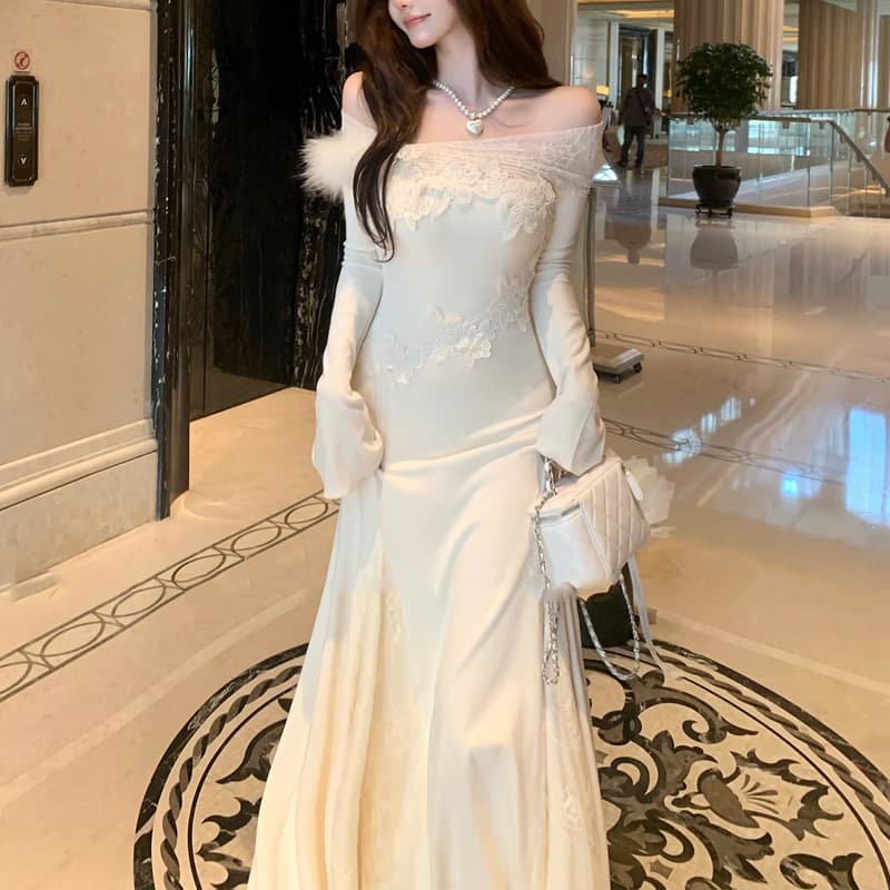 ロングワンピース オフショルレースマーメイドロングワンピース