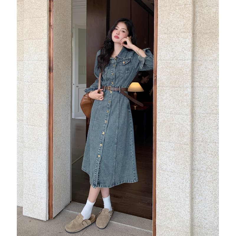 ロングワンピース デニム ベルト付きデニムロングワンピース