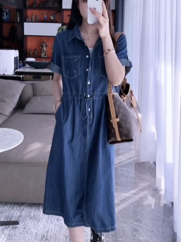 ロングワンピース デニム カジュアル前開きデニムワンピース