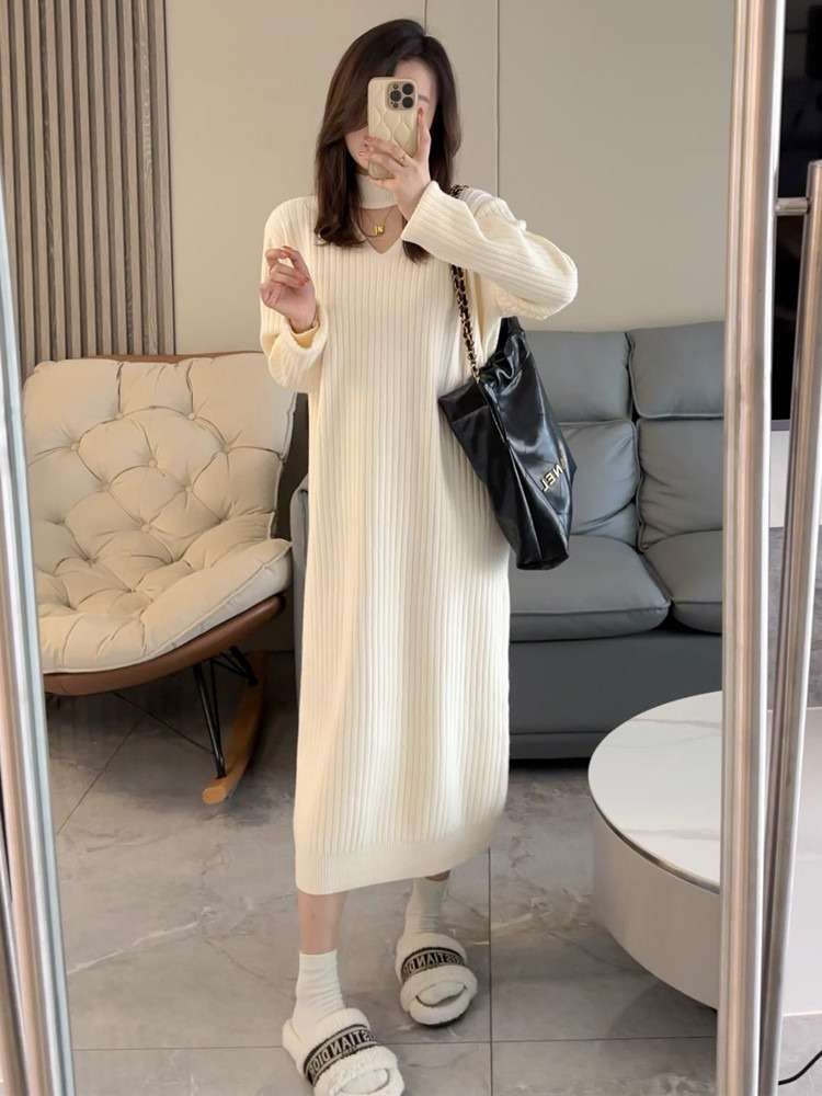 ロングワンピース シンプル美シルエットリブニットワンピース