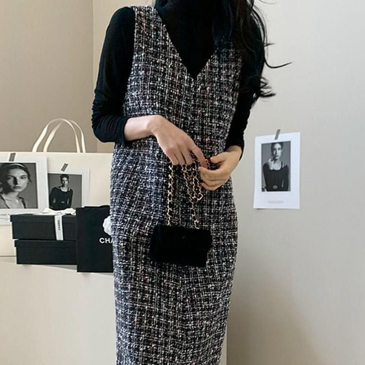 ロングワンピース 上品ツイード素材ロング丈ワンピース レディース
