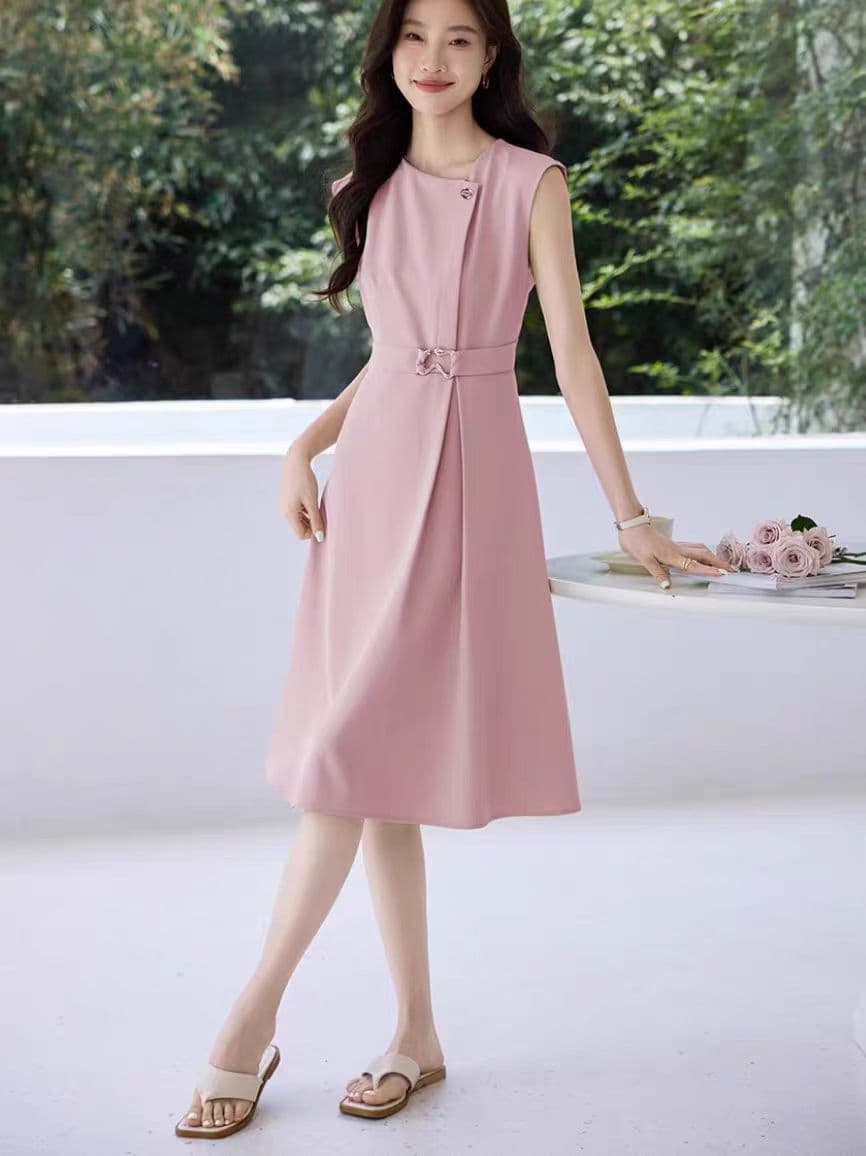 ロングワンピース 上品シャツワンピース夏新作ベルト付きベージュ