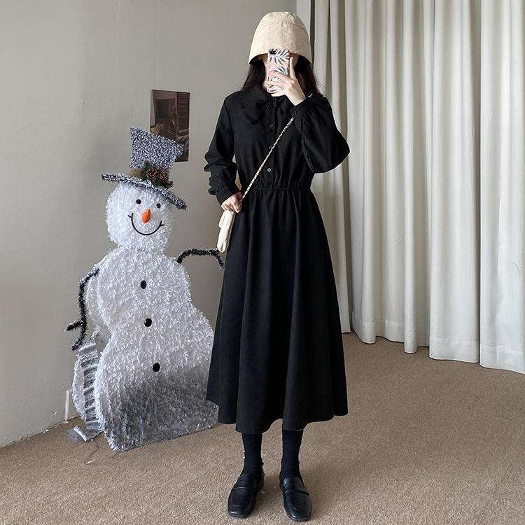 ロングワンピース シンプル襟付きギャザーワンピース