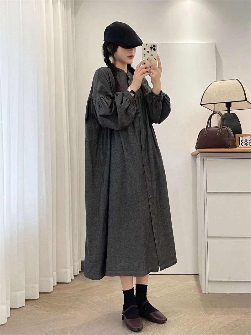 ロングワンピース ギャザーフリル襟 シャーリング ロングワンピース