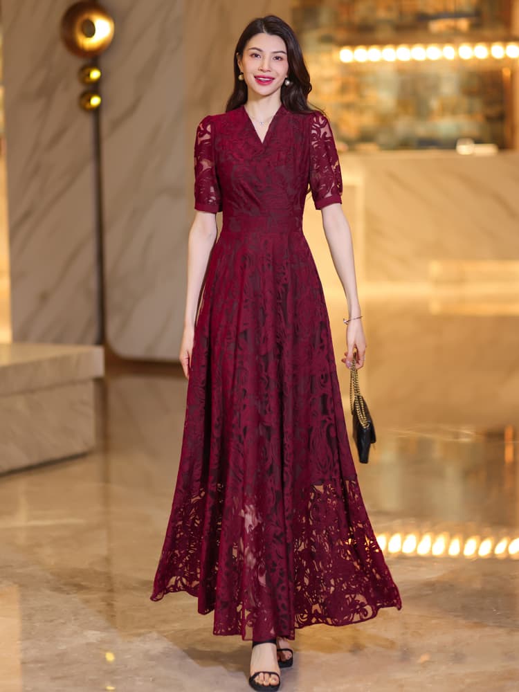 ロングワンピース レース 優美花柄透かしレースロングワンピース
