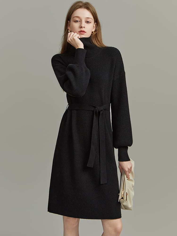 ロングワンピース タートルネック リブ編みウエストマークタートルニットワンピース