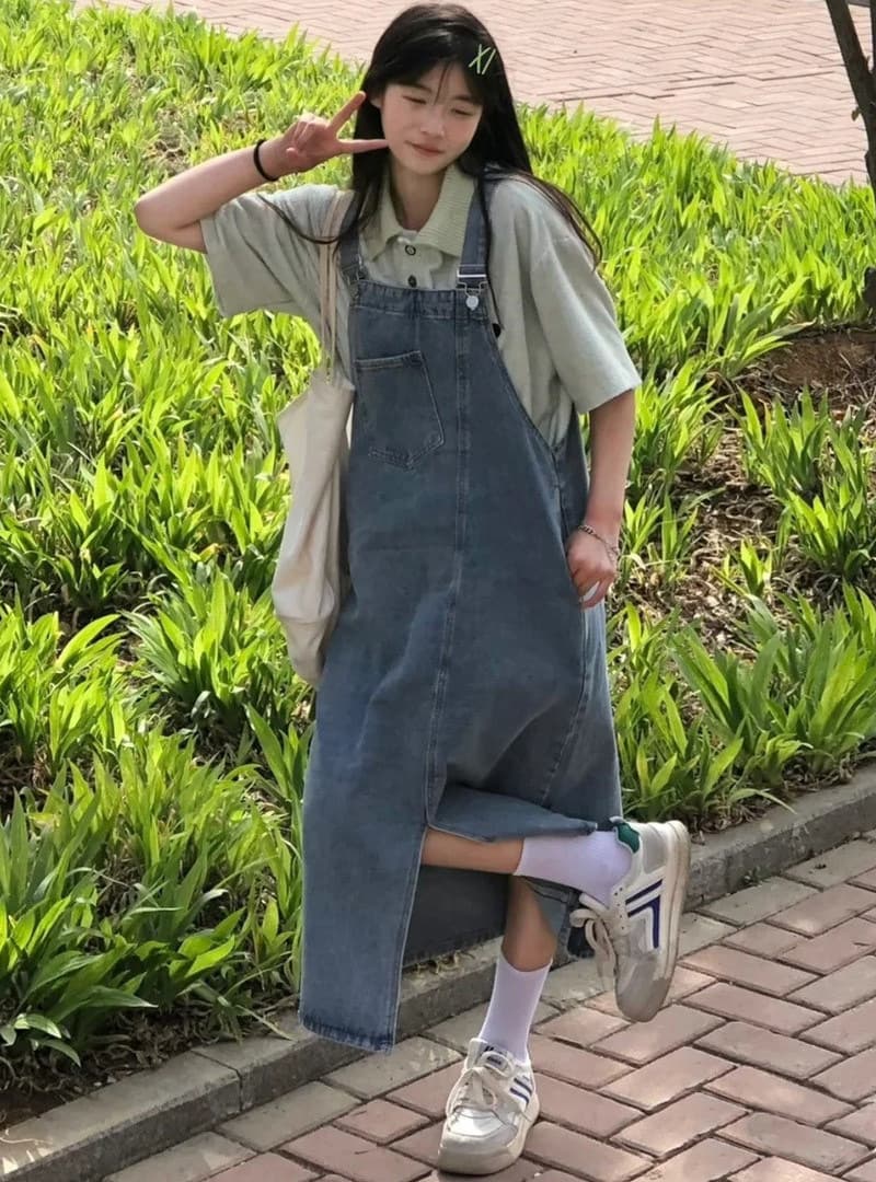 ロングワンピース ゆったりデニムサロペットワンピース