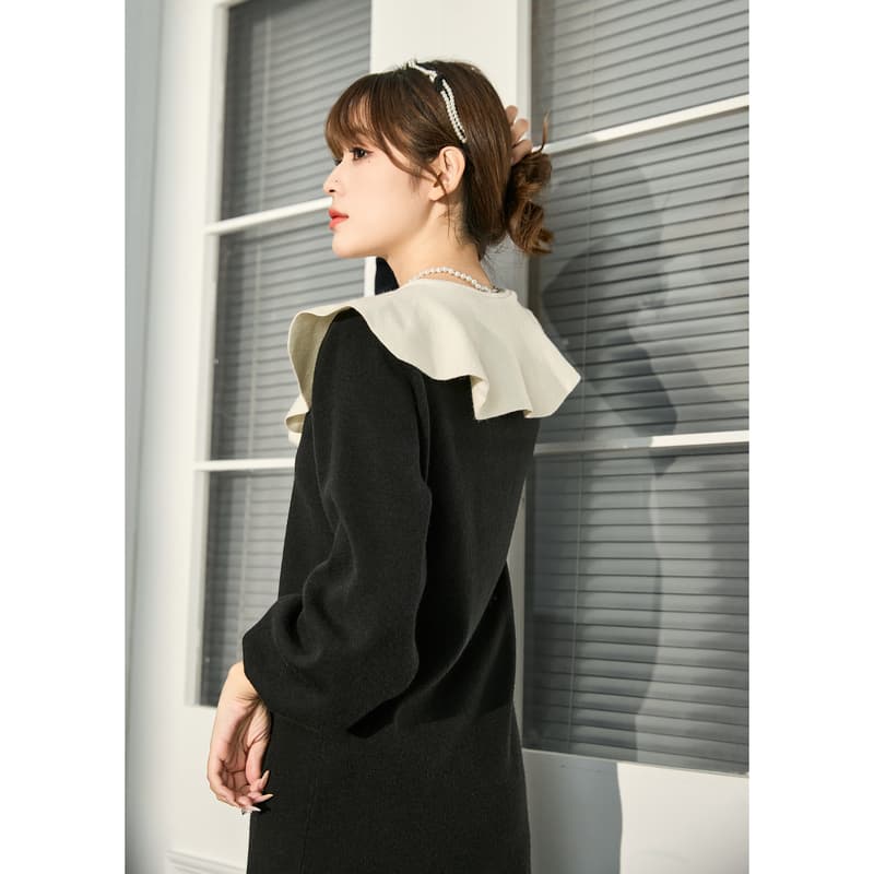 ロングワンピース ニット 襟リボン付き上品セーラー風ロングワンピース