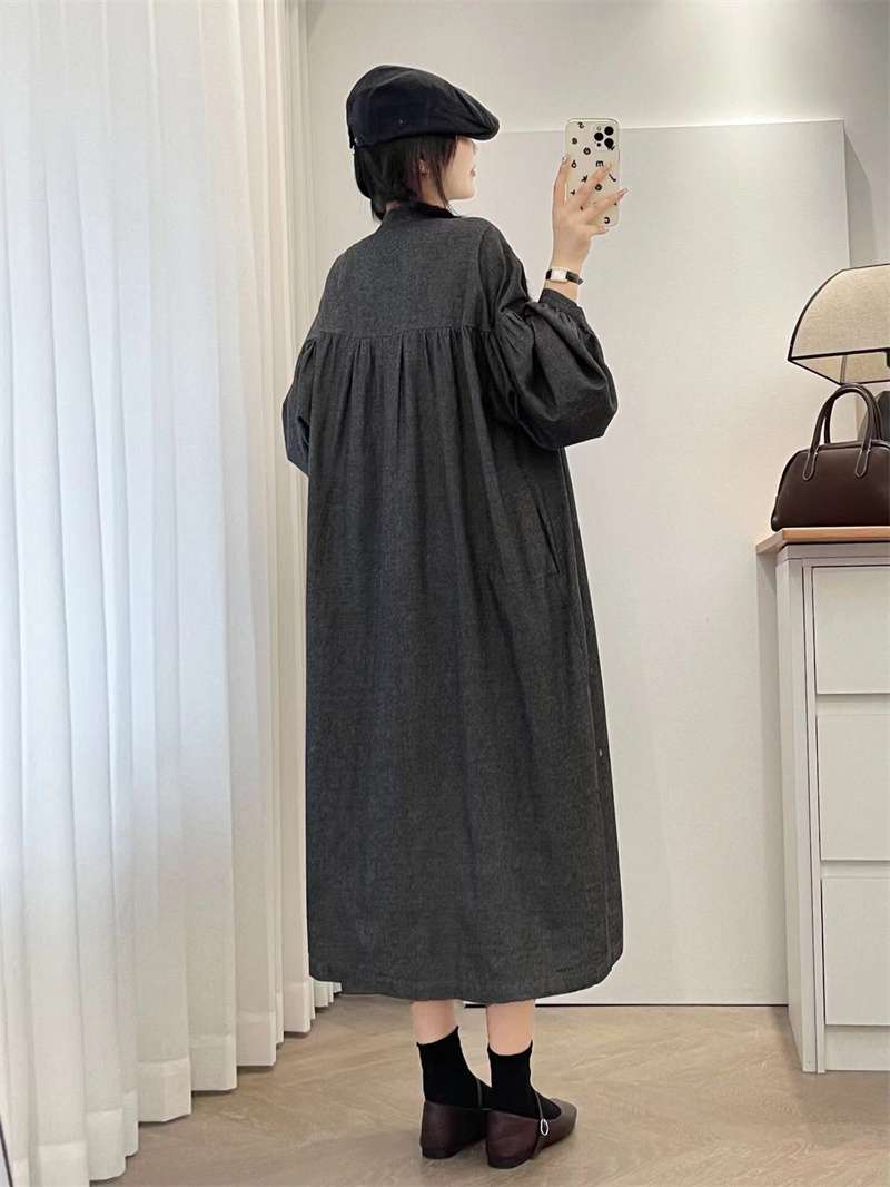 ロングワンピース ギャザーフリル襟 シャーリング ロングワンピース