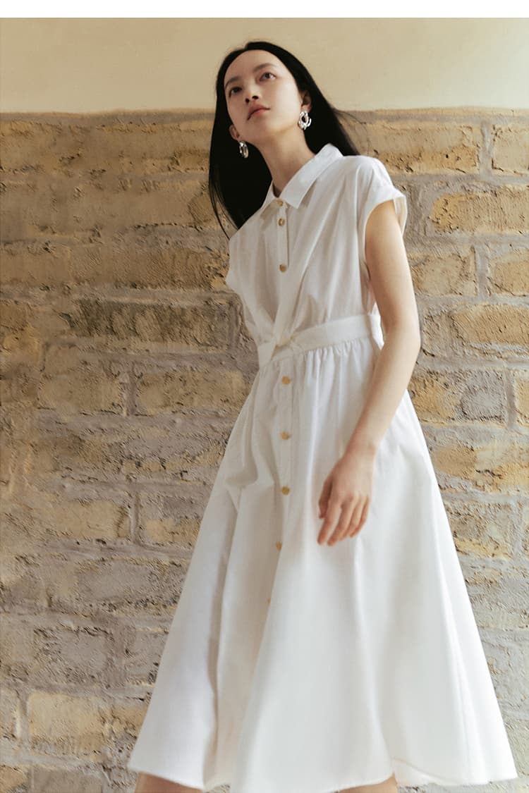 ロングワンピース シャツ 襟付き半袖ボタンフロントロングシャツワンピース