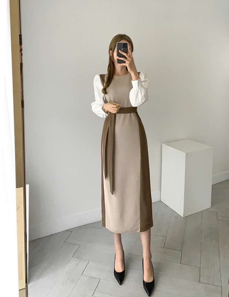 ロングワンピース 上品リボンデザイン スリーブ切替ワンピース