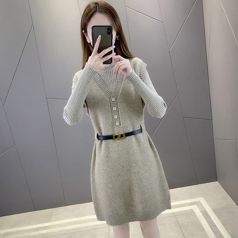 ロングワンピース ニット リブ編みハイネックニットワンピース