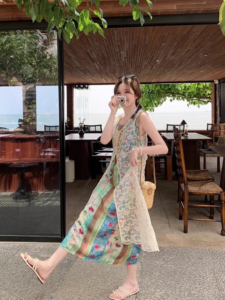 ロングワンピース レース 透かし模様レースベスト重ね着ワンピース