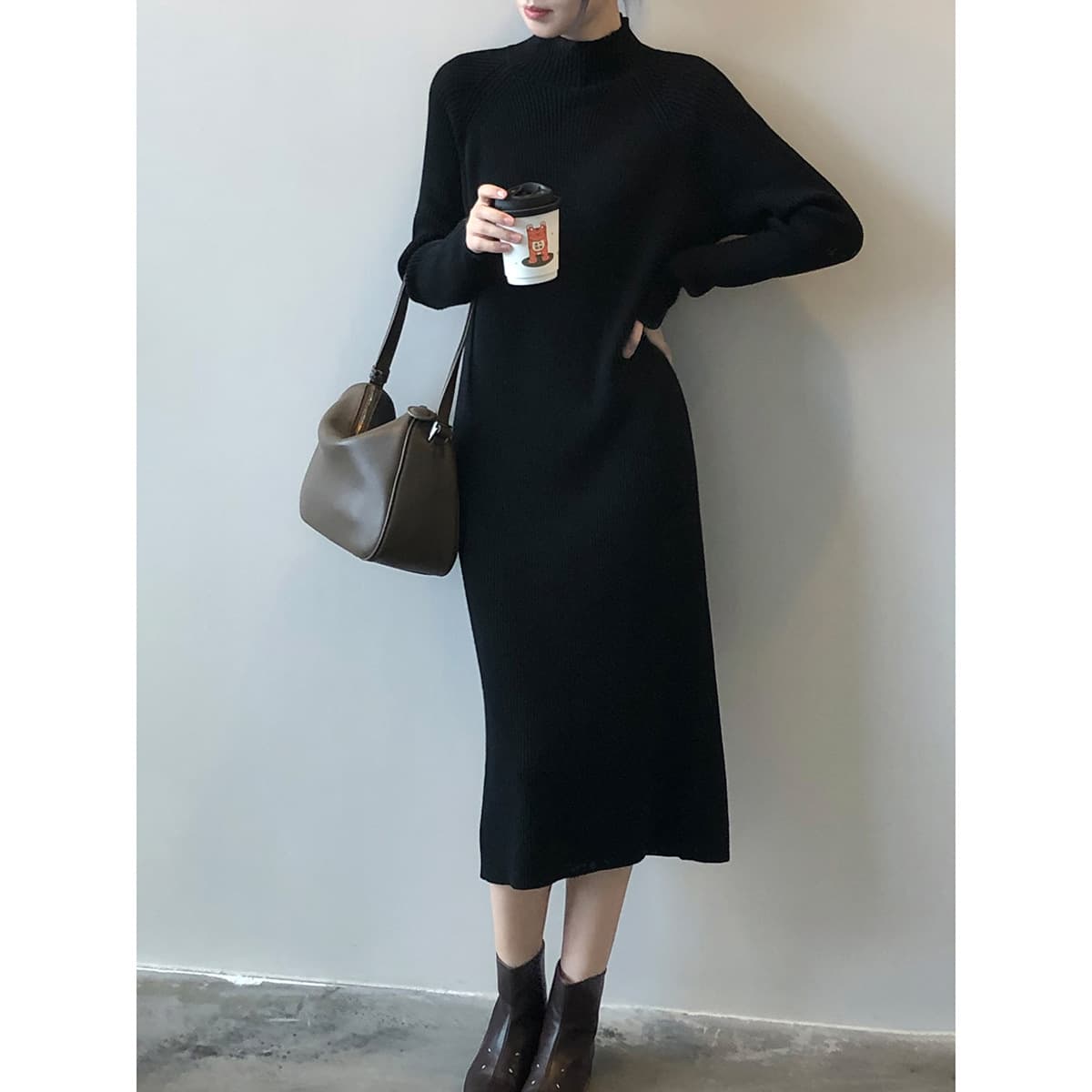 ロングワンピース リブニットワンピース レディース タートルネック ロング丈 秋冬
