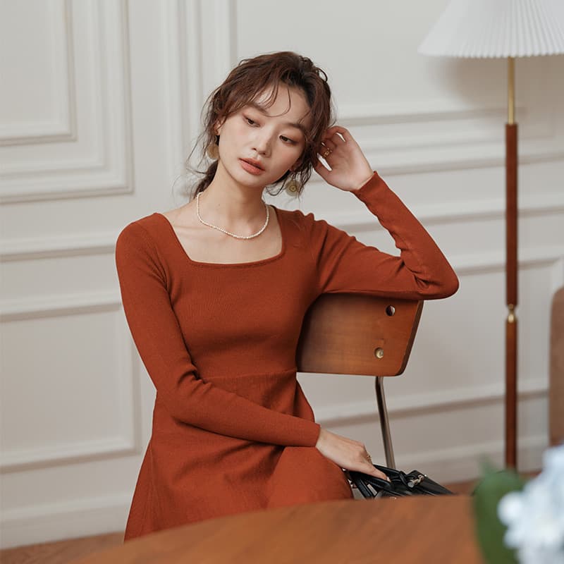 ロングワンピース ニット スクエアネック フレア ニットワンピース