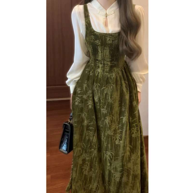 ロングワンピース ベルベット素材 襟付き レイヤードワンピース