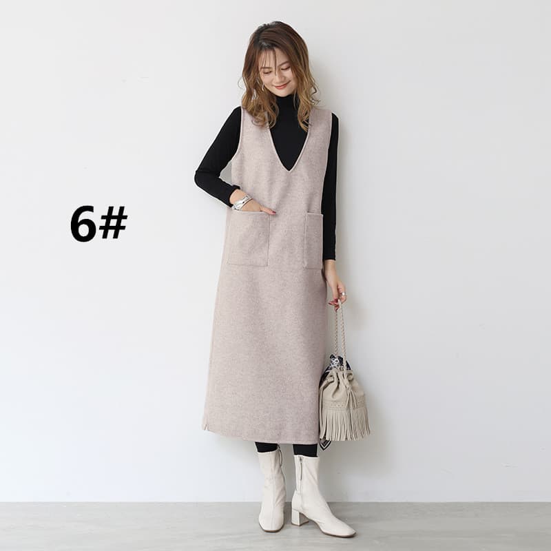 ロングワンピース 秋冬ノースリーブロング丈ワンピース ポケット付きジャンパースカート