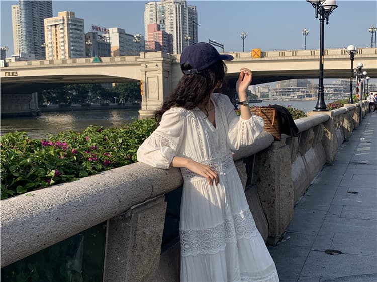 ロングワンピース 優美なレース切替フェミニンマキシワンピース