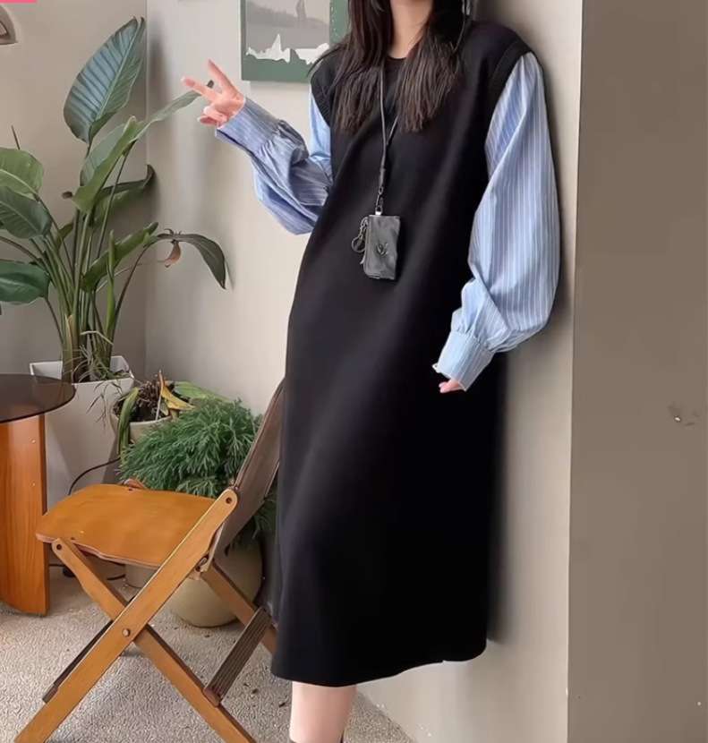 ロングワンピース コットン袖切替ロングワンピース