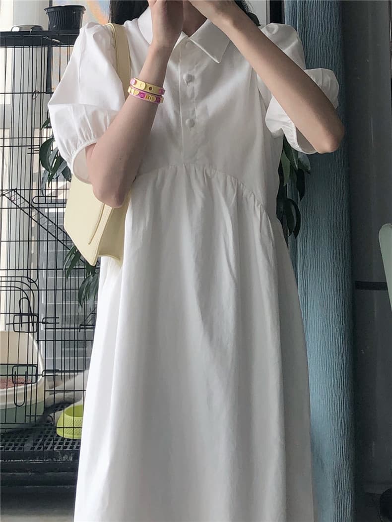 ロングワンピース シャツ パフスリーブ襟付きウエストギャザーシャツワンピース