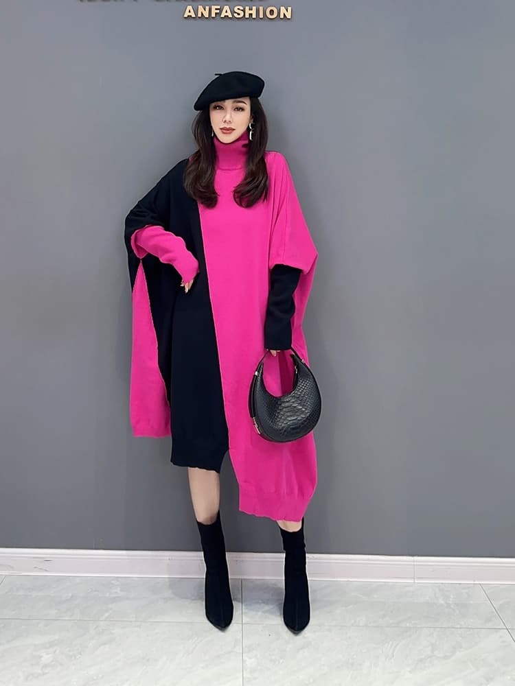 ロングワンピース タートルネック アシンメトリー配色ゆったりニットワンピース