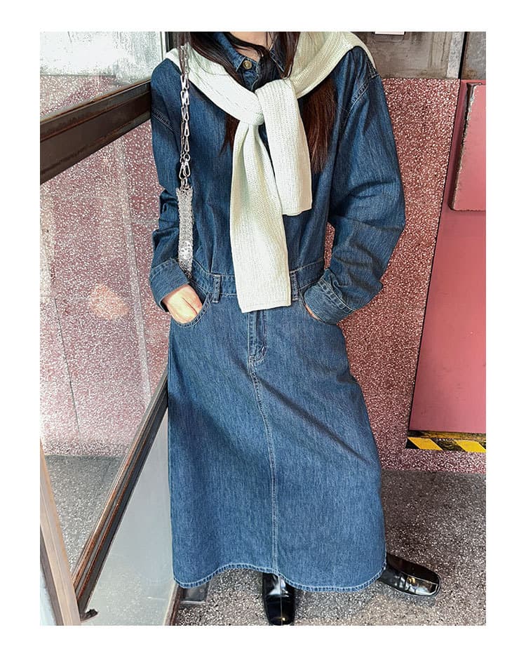 ロングワンピース ゆったりデニムカジュアルマキシ丈ワンピース