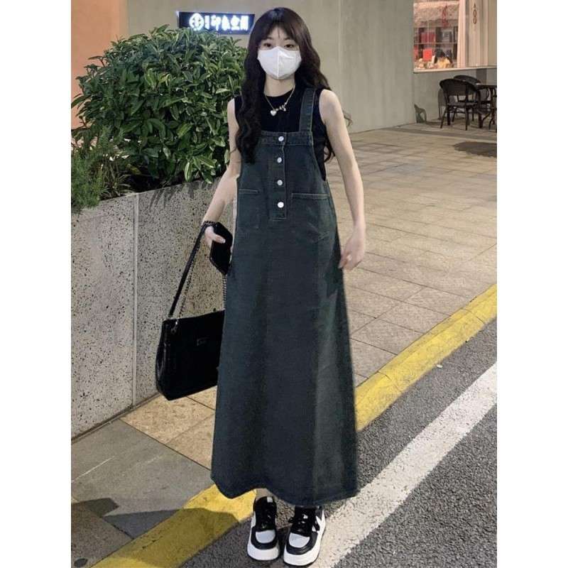 ロングワンピース ゆったりデニムサロペットワンピース
