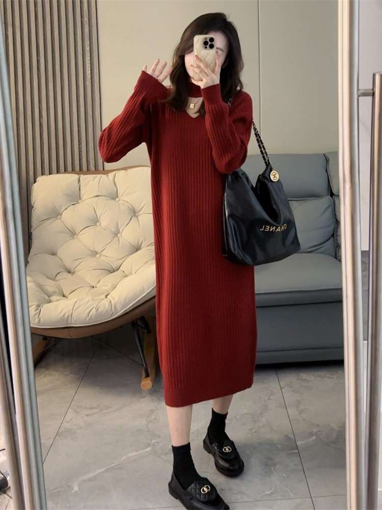 ロングワンピース シンプル美シルエットリブニットワンピース
