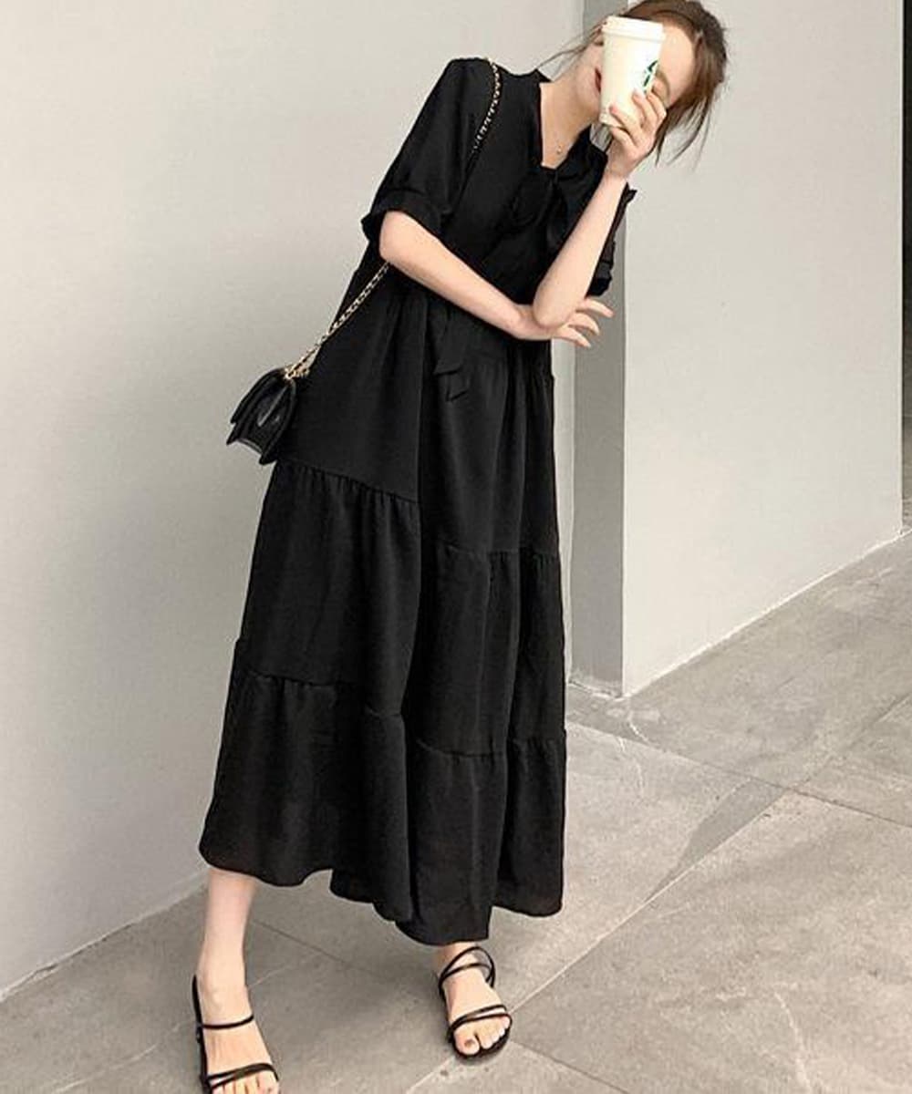 レース付きリボンタイ ティアードロングワンピース ミモレ丈