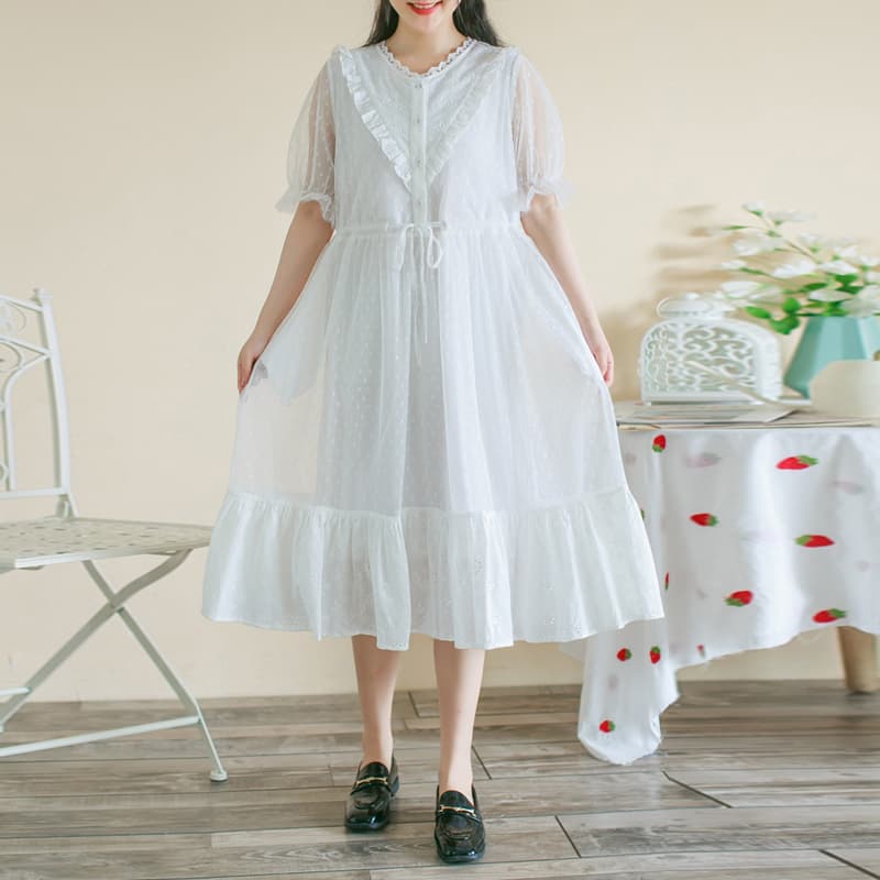 ロングワンピース レース 優美なフリルレースミディ丈ワンピース