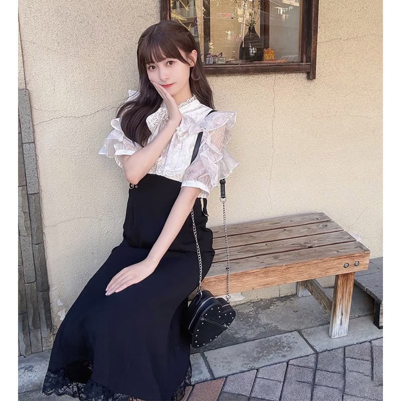 ロングワンピース ふんわり袖レースリボンワンピース