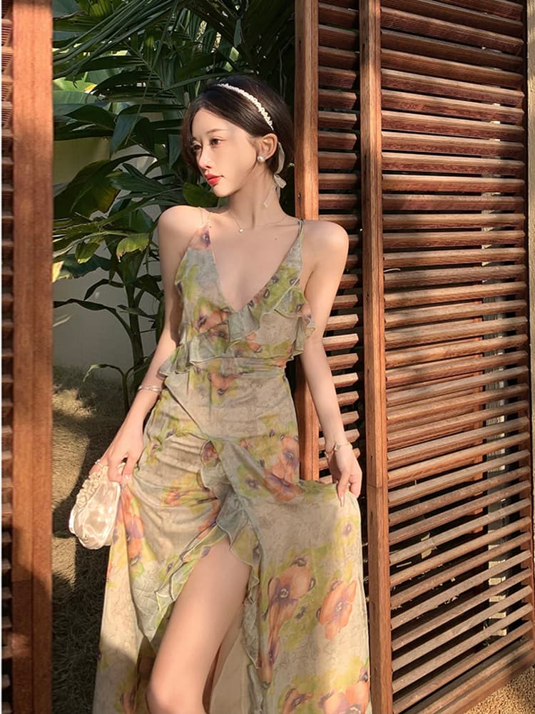 ロングワンピース キャミ 花柄シフォン素材サイドスリット入りキャミソールワンピース