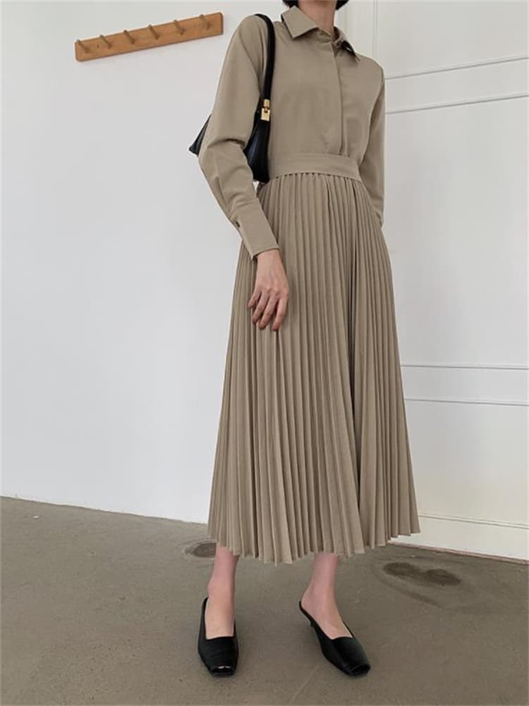 上品シャツ襟プリーツ切替ロングワンピース