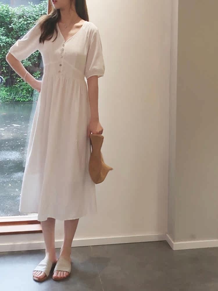 ロングワンピース シャツ パフスリーブ前開きボタンシャツワンピース