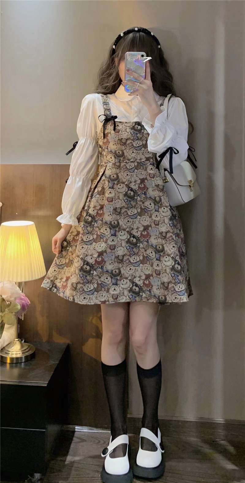 ロングワンピース ふわくま総柄ジャンパースカート