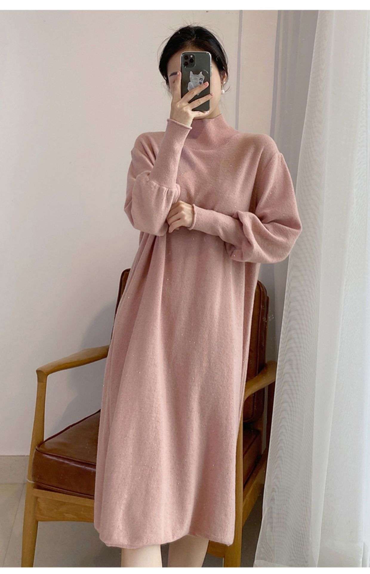 ロングワンピース シンプル モックネック ニットワンピース