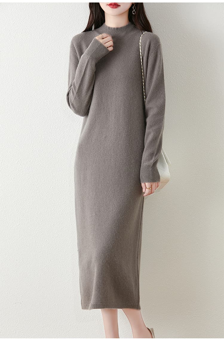 ロングワンピース 上質シンプル モックネックニットワンピース