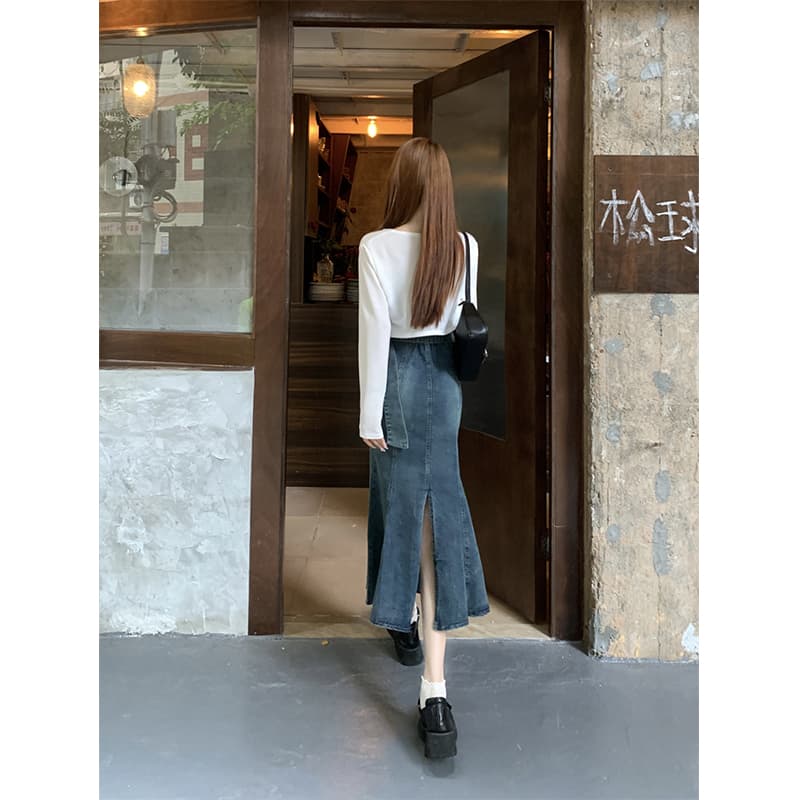 ロングワンピース デニム 細身デザイン マーメイドワンピース