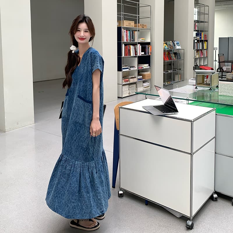 ロングワンピース ゆるふわフレアデニムロングワンピース