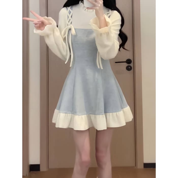 ロングワンピース 姫系リボンレース飾り付きティアードワンピース