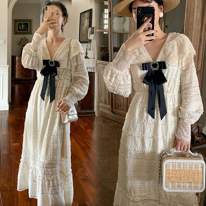 ロングワンピース レース 優美なリボン飾りレースロングワンピース