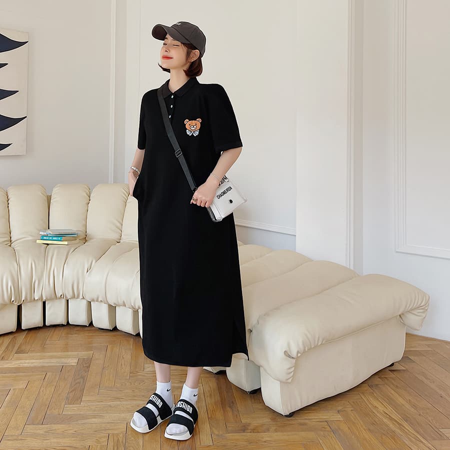 ロングワンピース ポロシャツ くま刺繍ワンポイント襟付き半袖ロングワンピース