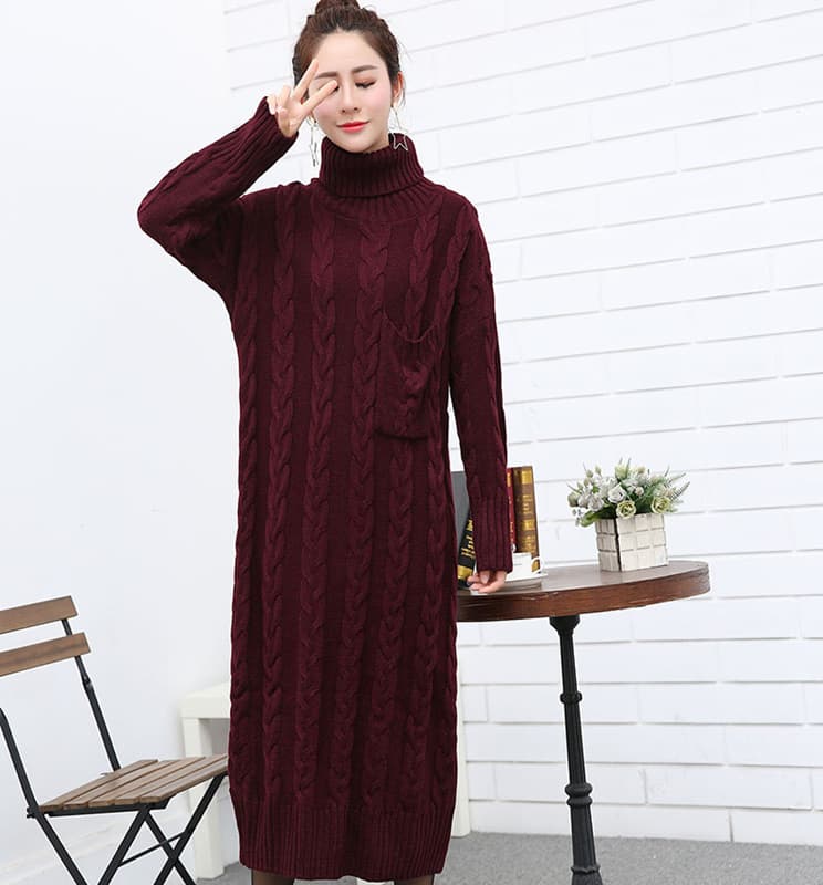 ロングワンピース タートルネック ケーブル編みタートルネックニットロングワンピース