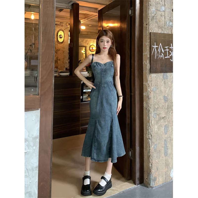 ロングワンピース デニム 細身デザイン マーメイドワンピース